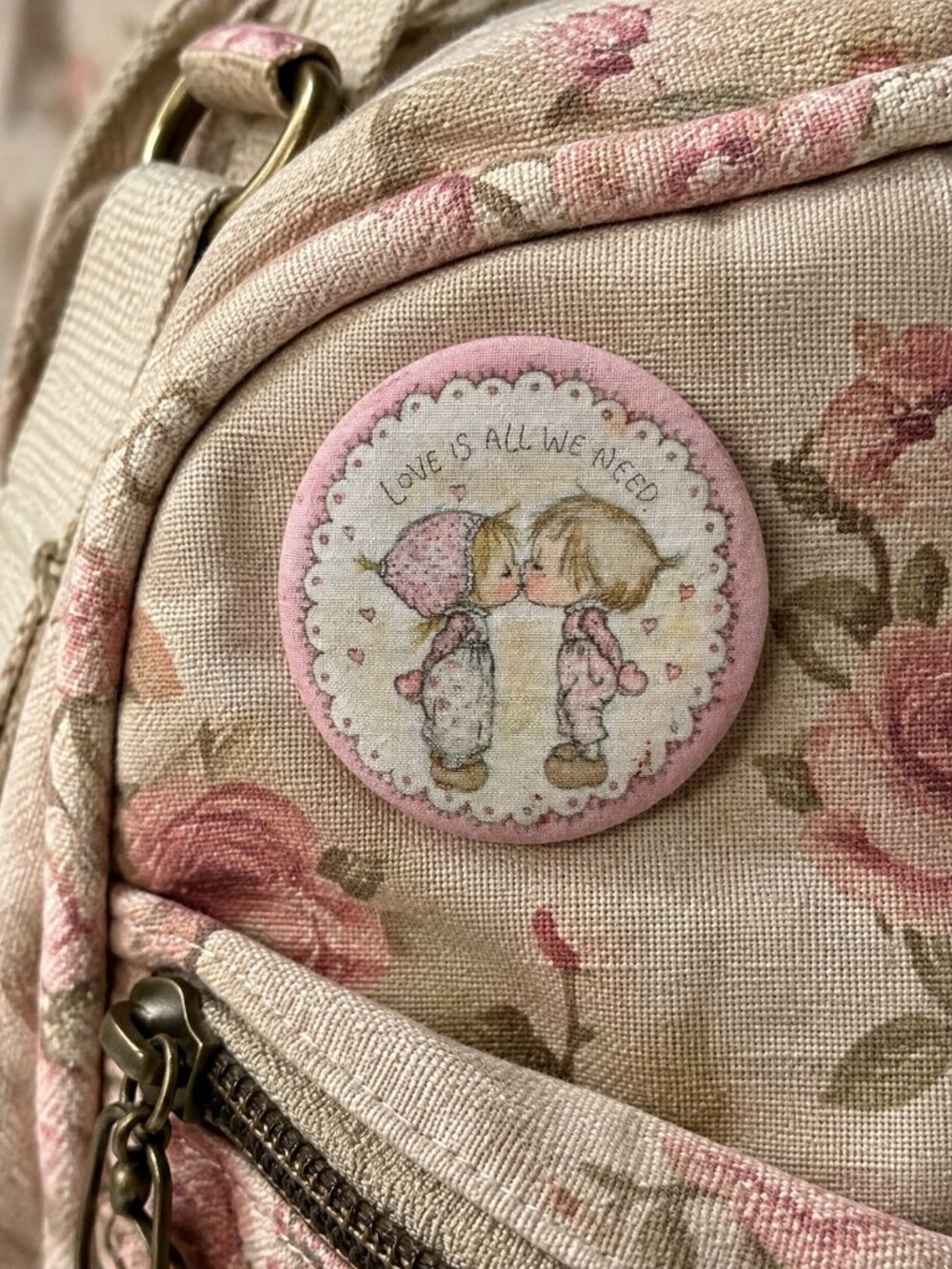 Vintage Hallmark “Love Is All We Need” Fabric Pin Button Made in USA